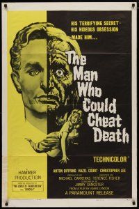4x542 MAN WHO COULD CHEAT DEATH 1sh '59 Hammer horror, cool half-alive & half-dead headshot art!