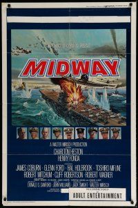 4x564 MIDWAY 1sh '76 Charlton Heston, Henry Fonda, dramatic naval battle art!