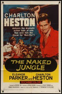 4x594 NAKED JUNGLE 1sh R60 huge image of Charlton Heston with rifle, Eleanor Parker, George Pal!