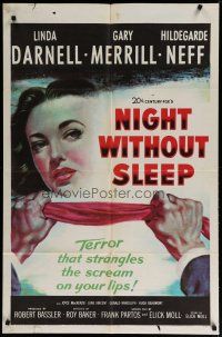 4x610 NIGHT WITHOUT SLEEP 1sh '52 close up art of sexy Linda Darnell about to be strangled!