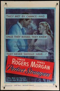 4x651 PERFECT STRANGERS 1sh '50 artwork of pretty Ginger Rogers smoking with Dennis Morgan!