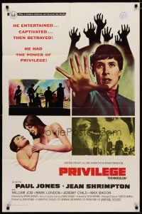 4x679 PRIVILEGE 1sh '67 Jean Shrimpton, a shocking movie of a pop singer who makes it big!