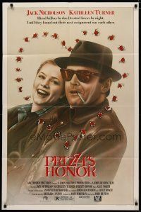 4x680 PRIZZI'S HONOR 1sh '85 cool art of smoking Jack Nicholson & Kathleen Turner w/bullet holes!