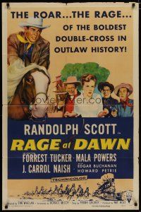 4x694 RAGE AT DAWN style A 1sh '55 cool artwork of outlaw hunter Randolph Scott, Mala Powers!