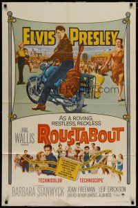 4x730 ROUSTABOUT 1sh '64 roving, restless, reckless Elvis Presley on motorcycle with guitar!