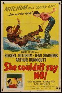 4x756 SHE COULDN'T SAY NO 1sh '54 sexy short-haired Jean Simmons, Dr. Robert Mitchum!