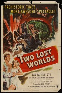 4x917 TWO LOST WORLDS 1sh '50 prehistoric time's most awesome spectacle, dinosaur art!