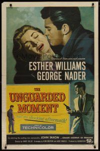 4x927 UNGUARDED MOMENT 1sh '56 close up art of teacher Esther Williams threatened by John Saxon!