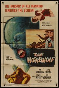4x950 WEREWOLF 1sh '56 two great wolf-man horror images, it happens before your horrified eyes!