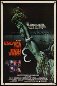 4z291 ESCAPE FROM NEW YORK advance 1sh '81 John Carpenter, art of handcuffed Lady Liberty by Watts!