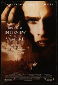 4z425 INTERVIEW WITH THE VAMPIRE 1sh '94 close up of fanged Tom Cruise, Brad Pitt, Anne Rice