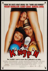 4z459 KINGPIN DS 1sh '96 wacky image of Woody Harrelson & Randy Quaid, bowling!