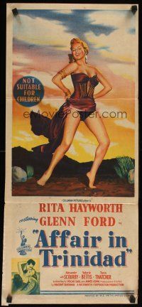5a566 AFFAIR IN TRINIDAD Aust daybill '52 art of sexiest Rita Hayworth laughing in skimpy outfit!