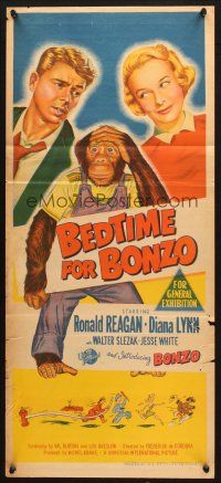 5a592 BEDTIME FOR BONZO Aust daybill '51 Ronald Reagan & Diana Lynn, art of chimpanzee!