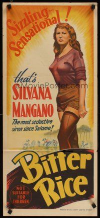 5a600 BITTER RICE Aust daybill '48 primitive beauty Silvana Mangano, Vittorio Gassman!