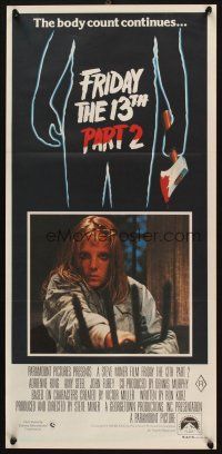 5a659 FRIDAY THE 13th PART II Aust daybill '81 Amy Steel with pitchfork in slasher horror sequel!
