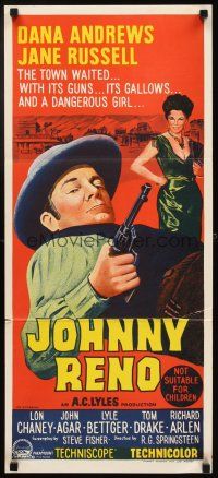 5a709 JOHNNY RENO Aust daybill '66 sexy Jane Russell, Dana Andrews goes wherever there's action!