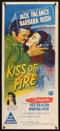 5a721 KISS OF FIRE Aust daybill '55 romantic art of Jack Palance as El Tigre & sexy Barbara Rush!