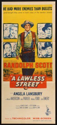 5a726 LAWLESS STREET Aust daybill '55 top gun Randolph Scott is out of luck, bullets & women too!