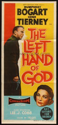 5a728 LEFT HAND OF GOD Aust daybill '55 artwork of priest Humphrey Bogart holding gun!