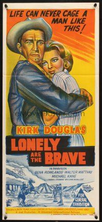 5a734 LONELY ARE THE BRAVE Aust daybill '62 Kirk Douglas classic, life can never cage him!