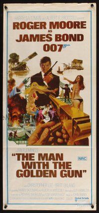 5a747 MAN WITH THE GOLDEN GUN Aust daybill '74 art of Roger Moore as James Bond by McGinnis!