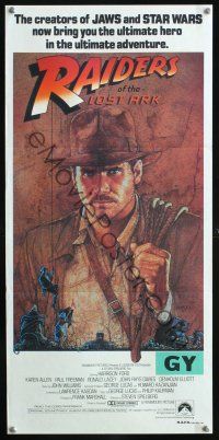 5a805 RAIDERS OF THE LOST ARK Aust daybill '81 great Richard Amsel artwork of Harrison Ford!