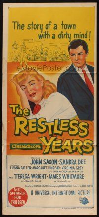 5a813 RESTLESS YEARS Aust daybill '58 John Saxon & Sandra Dee, condemned by a town w/a dirty mind!