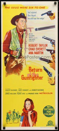 5a817 RETURN OF THE GUNFIGHTER Aust daybill '67 cowboy Robert Taylor has six guns pointed at him!