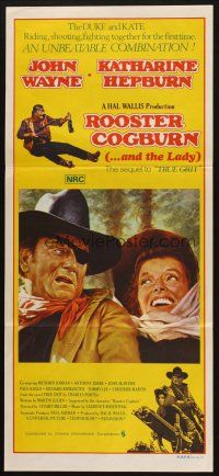 5a834 ROOSTER COGBURN Aust daybill '75 great art of John Wayne with eyepatch & Katharine Hepburn!