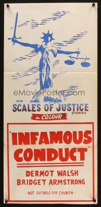 5a851 SCALES OF JUSTICE Aust daybill '70s Infamous Conduct, cool artwork!