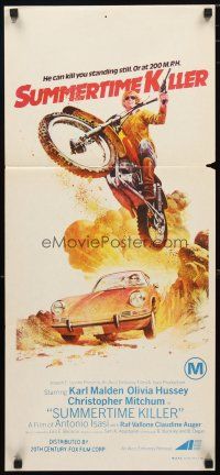 5a917 SUMMERTIME KILLER Aust daybill '73 Karl Malden, Olivia Hussey, cool jumping dirt bike art!
