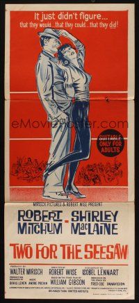 5a952 TWO FOR THE SEESAW Aust daybill '62 art of Robert Mitchum & sexy beatnik Shirley MacLaine!