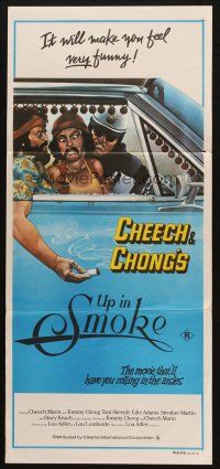 5a960 UP IN SMOKE Aust daybill '78 Cheech & Chong marijuana drug classic, great Scakisbrick art!