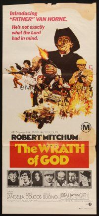 5a995 WRATH OF GOD Aust daybill '72 priest Robert Mitchum, not exactly what the Lord had in mind!