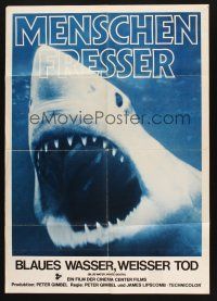 5a332 BLUE WATER, WHITE DEATH German '71 super close image of great white shark with open mouth!