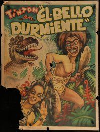 5a087 EL BELLO DURMIENTE Mexican poster '52 art of Tin-Tan w/ sexy girl & dinosaur by Ernesto Garcia Cabral