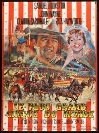 5b260 CIRCUS WORLD French 1p '65 best art of Claudia Cardinale & John Wayne by Jean Mascii!