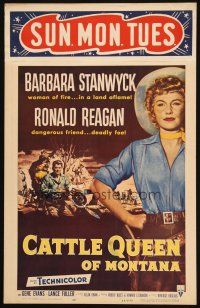 5b579 CATTLE QUEEN OF MONTANA WC '54 full-length cowgirl Barbara Stanwyck, Ronald Reagan