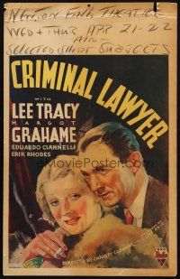 5b592 CRIMINAL LAWYER WC '36 cool stone litho of Lee Tracy & sexy blonde Margot Grahame!
