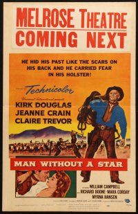 5b751 MAN WITHOUT A STAR WC '55 art of cowboy Kirk Douglas pointing gun, Jeanne Crain