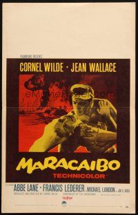 5b752 MARACAIBO WC '58 romantic artwork of Cornel Wilde & Jean Wallace in front of explosion!