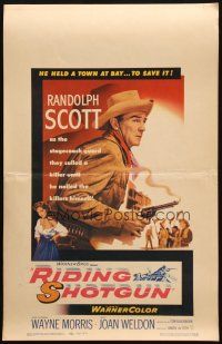 5b841 RIDING SHOTGUN WC '54 great image of cowboy Randolph Scott with smoking gun!
