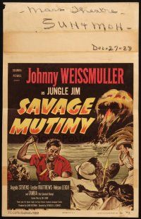5b861 SAVAGE MUTINY WC '53 art of Johnny Weissmuller as Jungle Jim in knife fight!