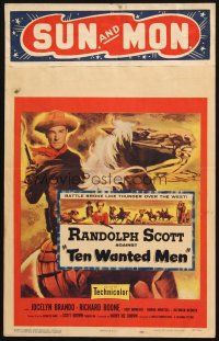 5b923 TEN WANTED MEN WC '54 cool artwork of cowboy Randolph Scott with smoking gun on horse!