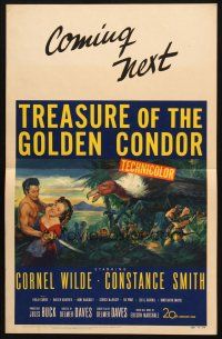 5b958 TREASURE OF THE GOLDEN CONDOR WC '53 art of Cornel Wilde grabbing girl & attacked by snake!