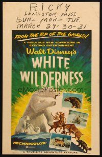5b978 WHITE WILDERNESS WC '58 Disney, cool art of polar bear & arctic animals on top of world!