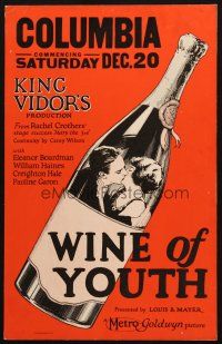 5b982 WINE OF YOUTH WC '24 King Vidor, cool art of young lovers kissing inside wine bottle!
