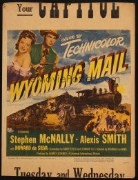 5b992 WYOMING MAIL WC '50 artwork of Stephen McNally, Alexis Smith & train hijacked by outlaws!