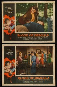 5c875 BLOOD OF DRACULA 2 LCs '57 cool horror artwork of female vampire Sandra Harrison attacking!
